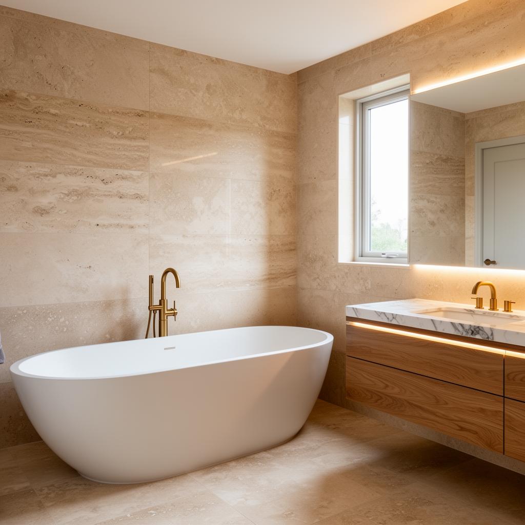 Salle de bains travertin — après